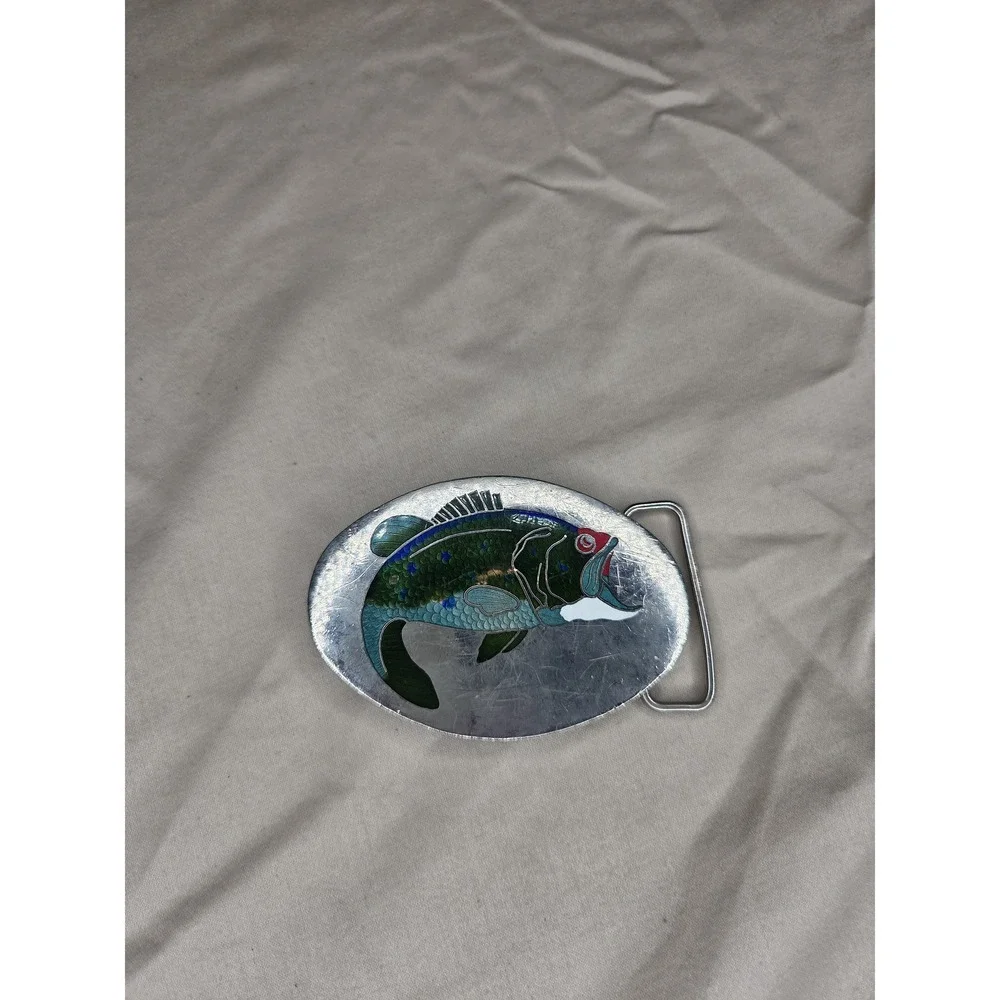 Small Oval Green and Silver Belt Buckle - Trout Fishing Sportsman Scene